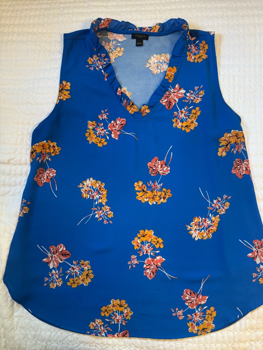 Ann Taylor Royal Blue Floral Ruffle V-Neck Camisole